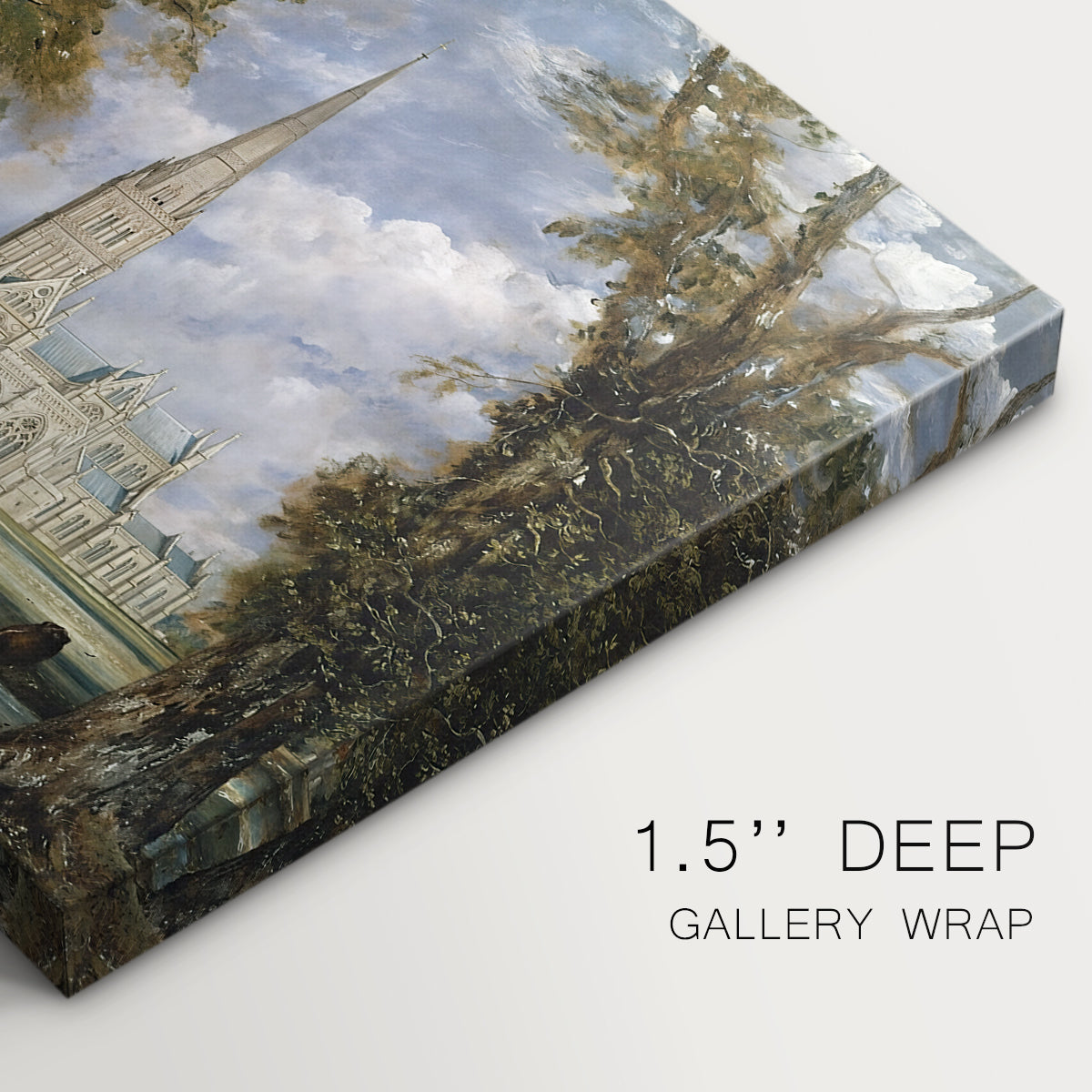 Canvas art print of a cathedral rising above landscape with trees, highlighting texture and gallery-wrapped edges