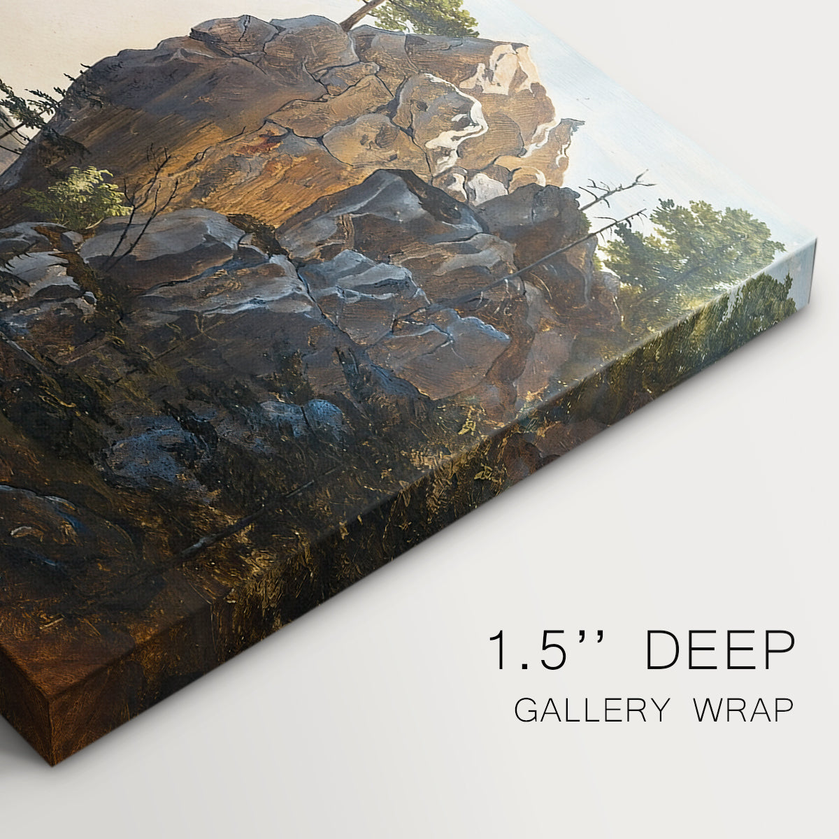 Canvas art print of rock formations within forested landscape, highlighting texture and gallery-wrapped edges