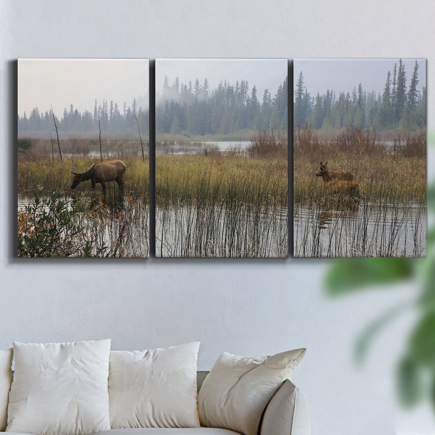Three-panel canvas wall art featuring wildlife walking through open field, displayed in a living room above a sofa.