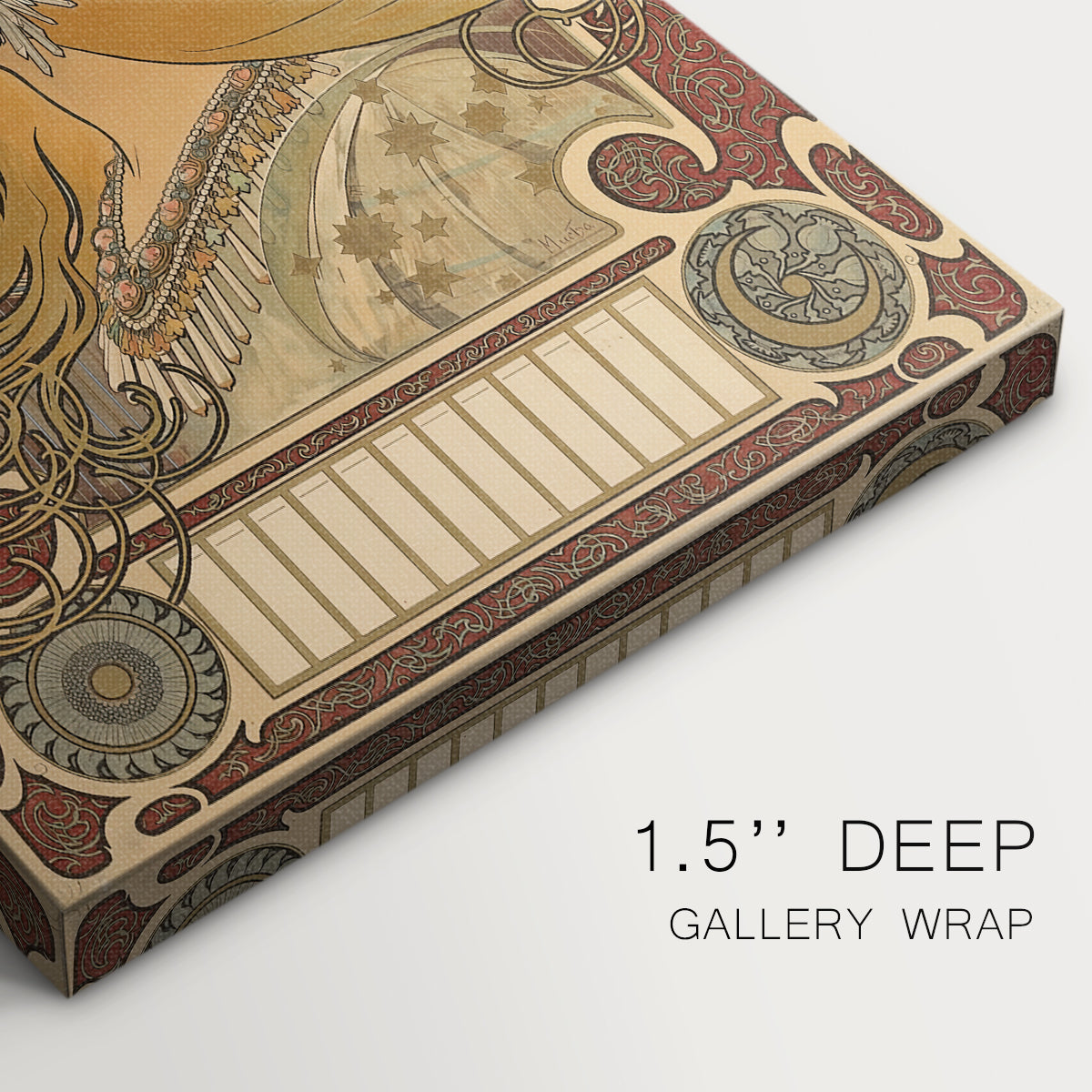 Close-up of a gallery-wrapped canvas corner showing a vintage illustration combining portrait and zodiac imagery, highlighting texture and print detail.