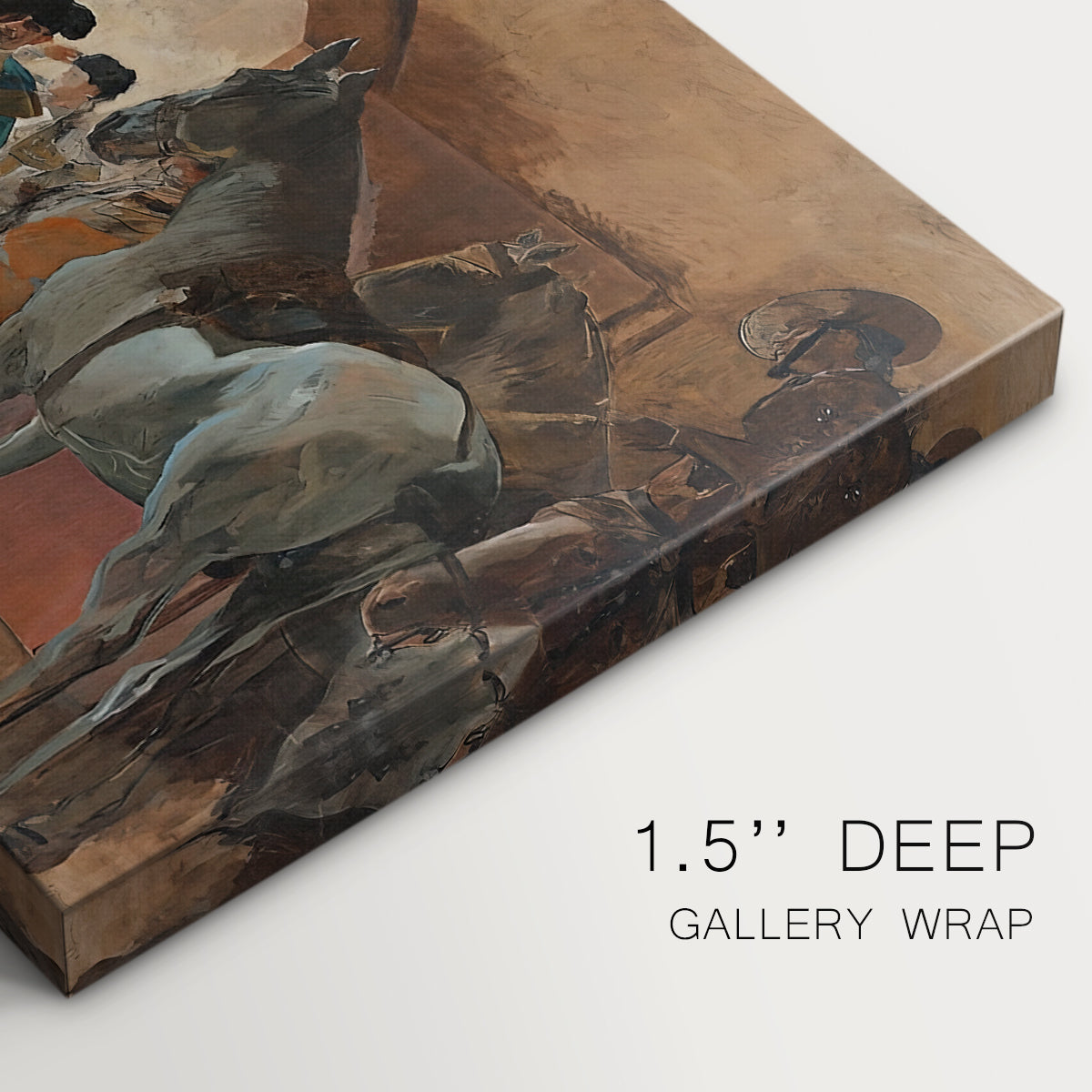 Canvas art print of a group of figures gathered indoors preparing for bullfight performance, highlighting texture and gallery-wrapped edges