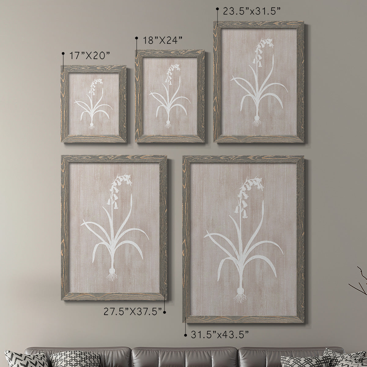 Size comparison chart for a set of two gray barnwood framed canvas prints.