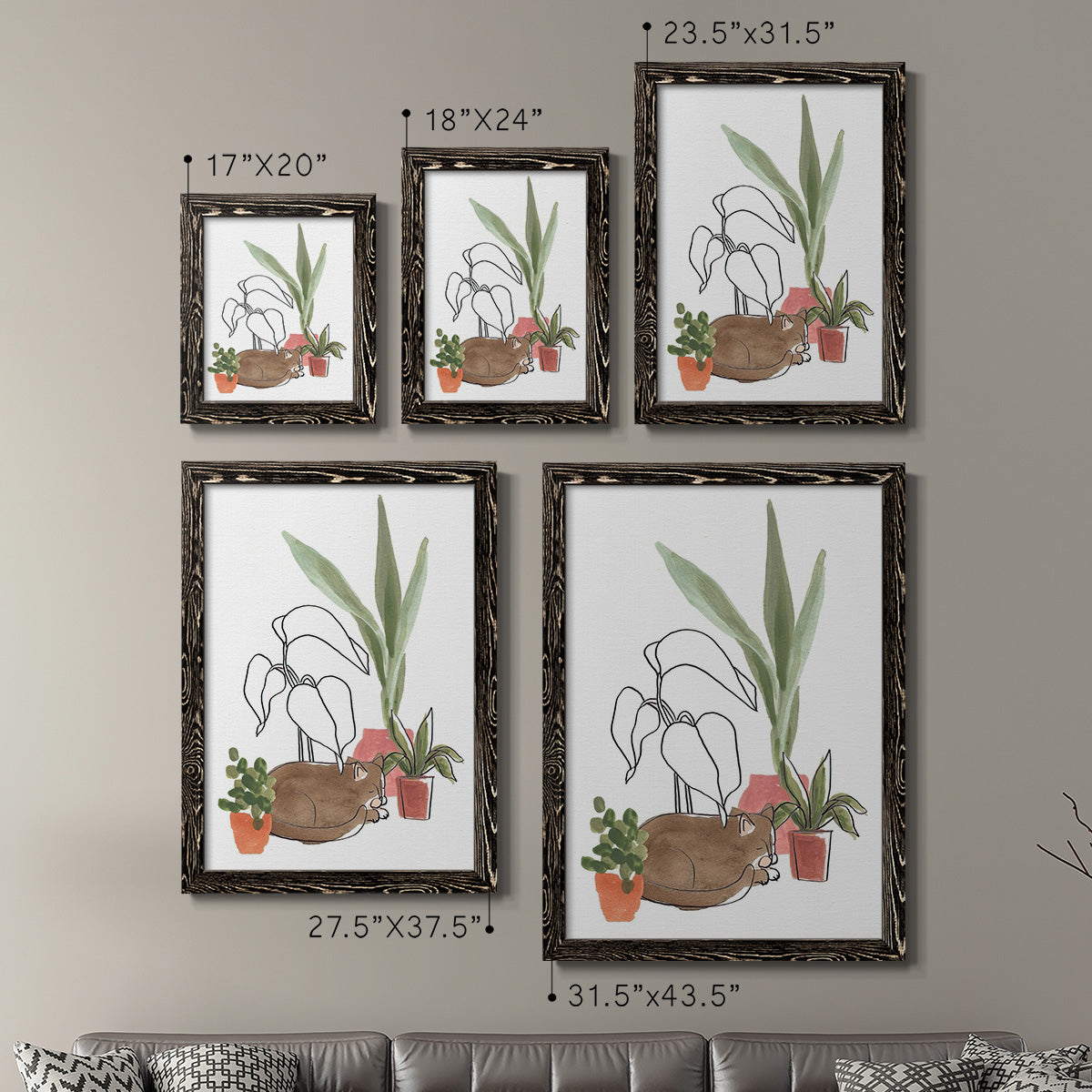 Size comparison chart for a set of two black barnwood framed canvas prints.