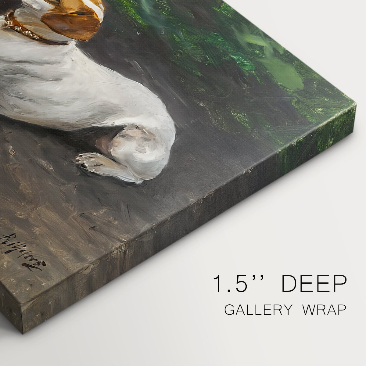 Canvas art print of a dog lying on ground with head raised in natural outdoor setting, highlighting texture and gallery-wrapped edges