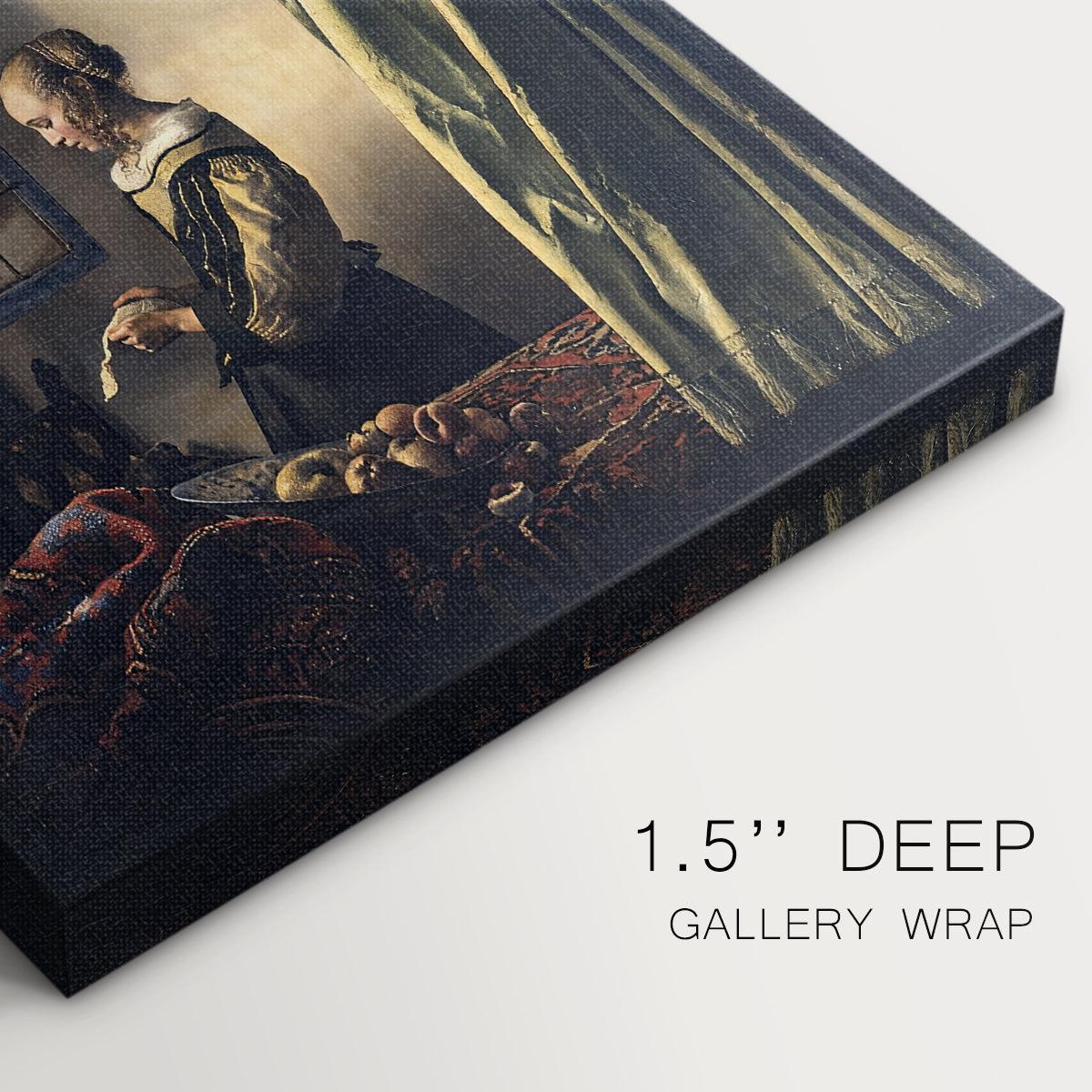 Close-up of a gallery-wrapped canvas corner showing a refined setting with subtle contrast and depth, highlighting texture and print detail.
