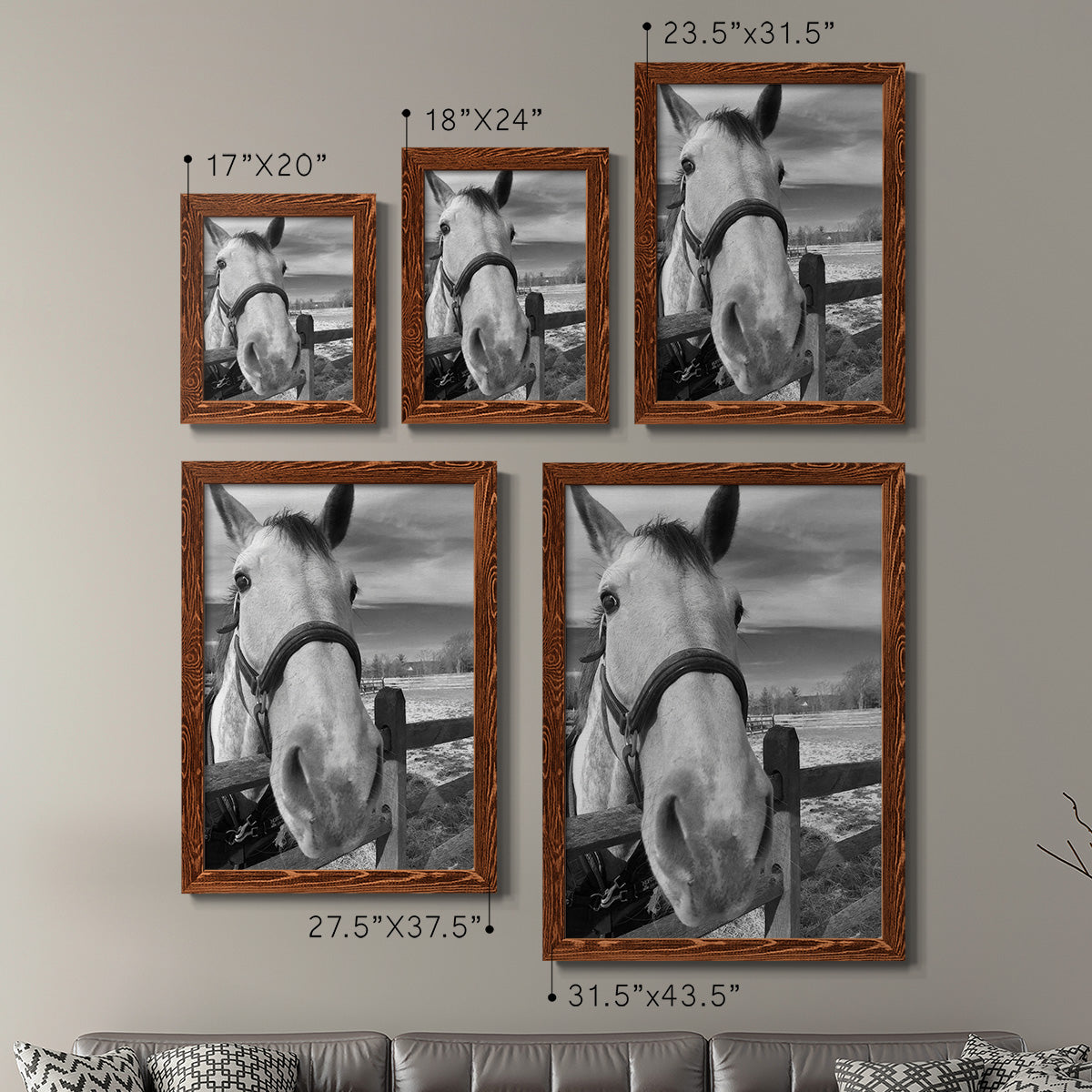 Size comparison chart for a set of two maple barnwood framed canvas prints.