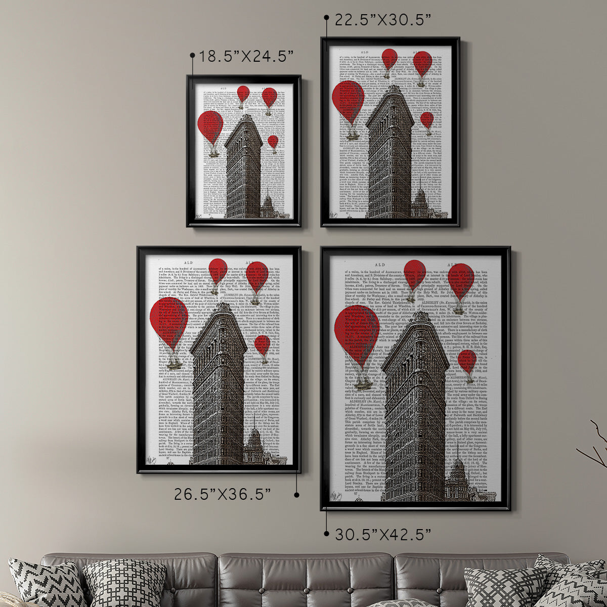 Flat Iron Building and Red Hot Air Balloons - Modern Framed Canvas Print