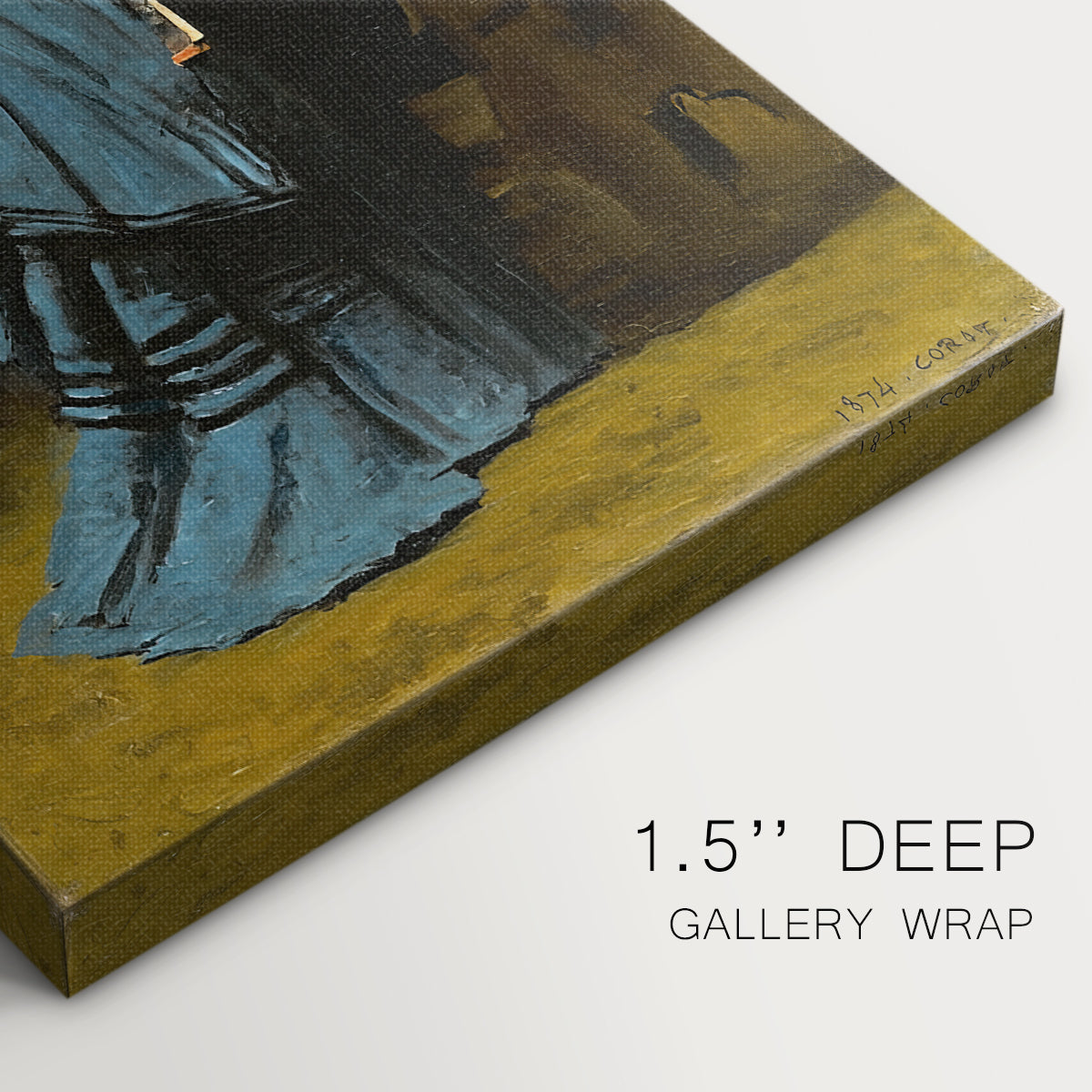 Close-up of a gallery-wrapped canvas corner showing a composed figure with subtle shading and elegance, highlighting texture and print detail.