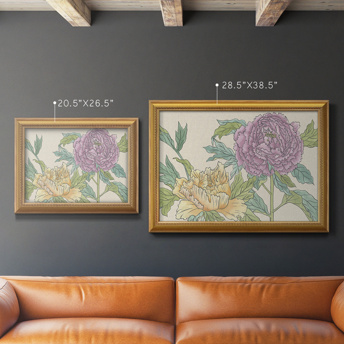 Contemporary peony flower illustration in an ornate antique gold frame shown in multiple size options.