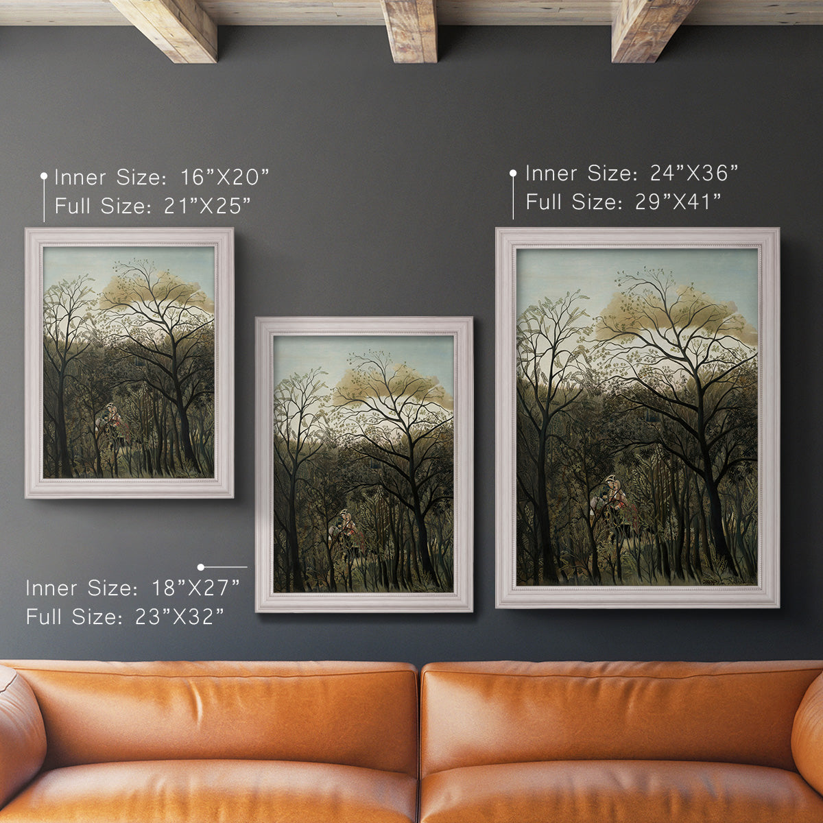 Dreamlike forest landscape scene by Henri Rousseau in an ornate weathered white frame shown in multiple vertical size options.