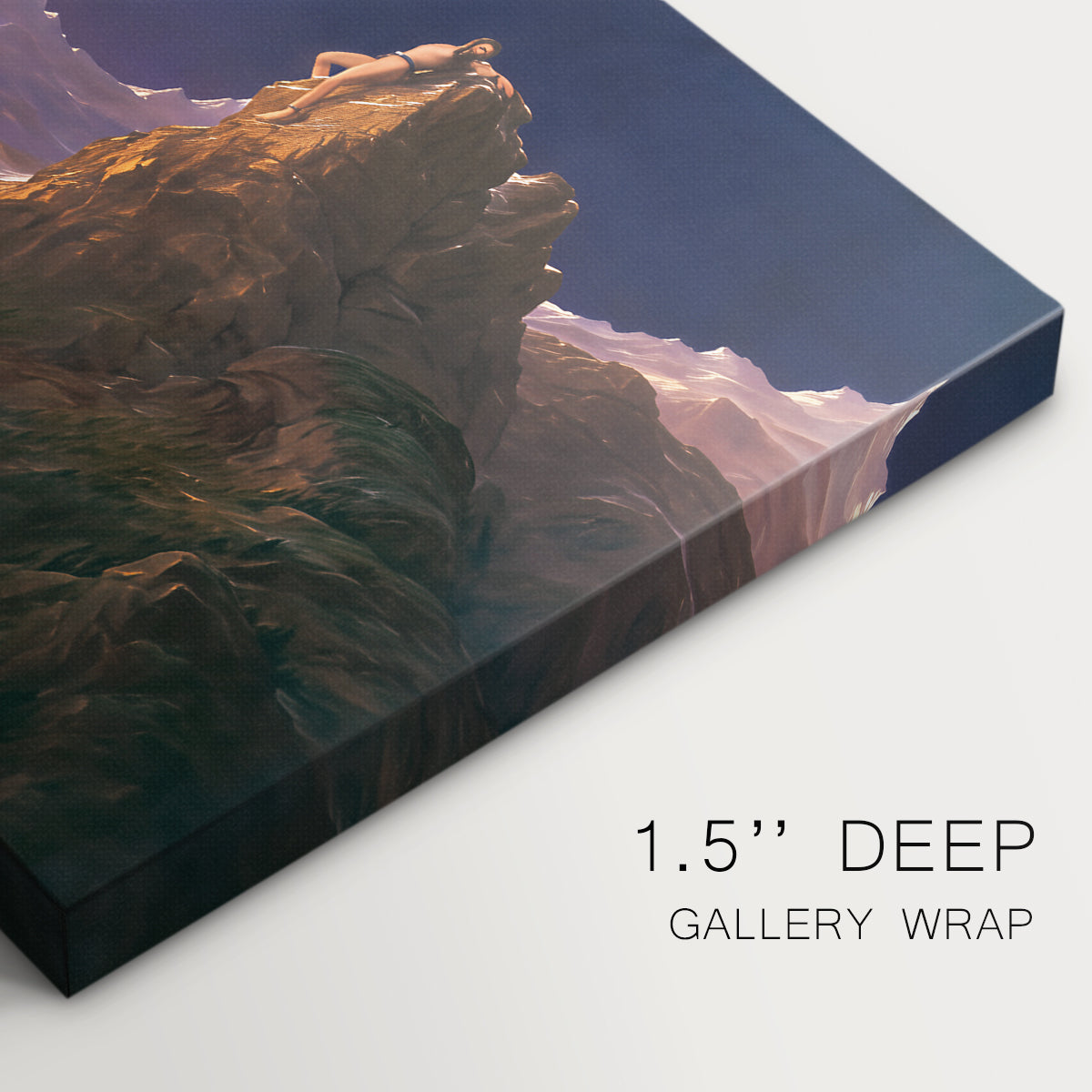 Canvas art print of a mythological figure chained within vast mountainous landscape, highlighting texture and gallery-wrapped edges
