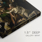 Close-up of a gallery-wrapped canvas corner showing a classical painting with structured composition and soft illumination, highlighting texture and print detail.