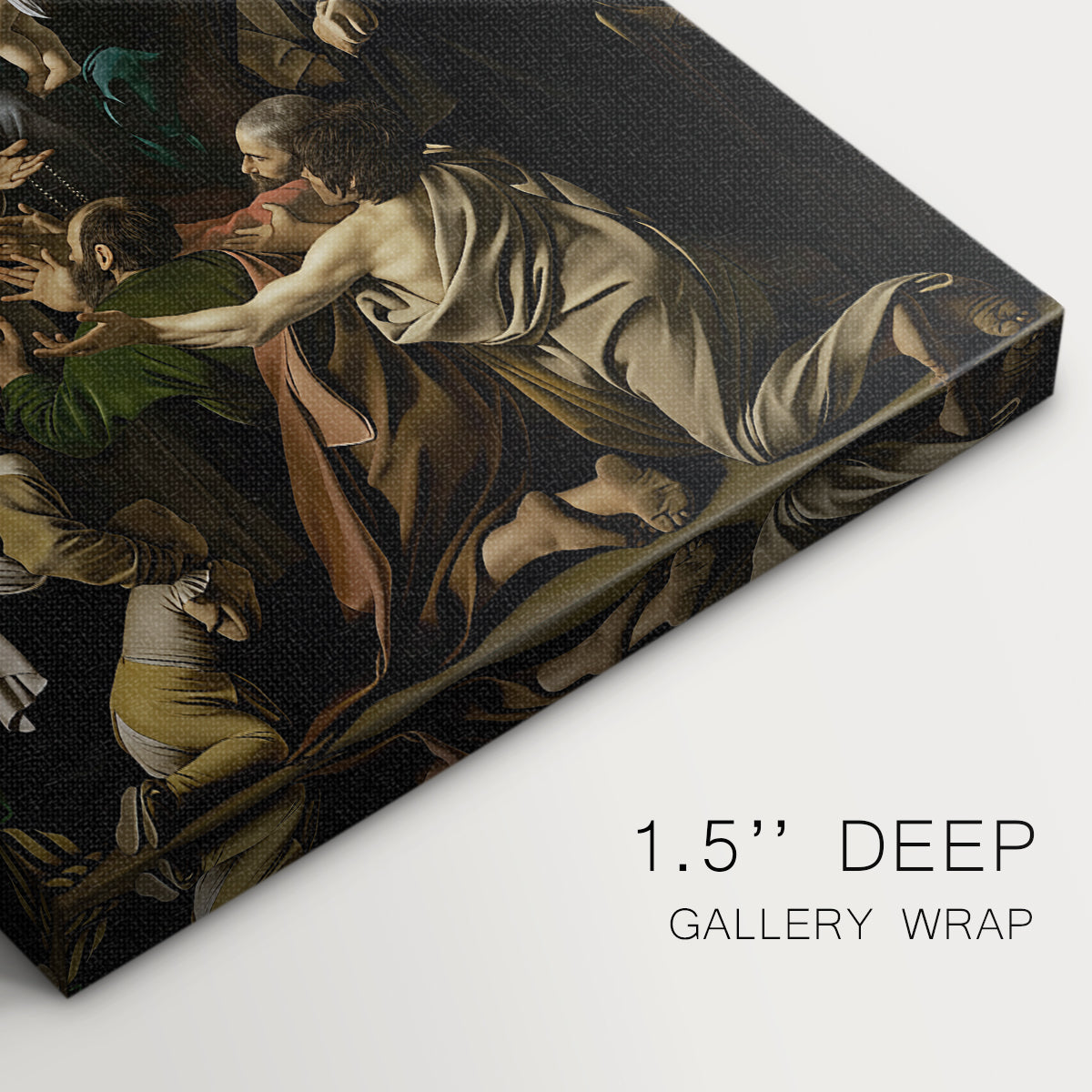 Close-up of a gallery-wrapped canvas corner showing a classical painting with structured composition and soft illumination, highlighting texture and print detail.