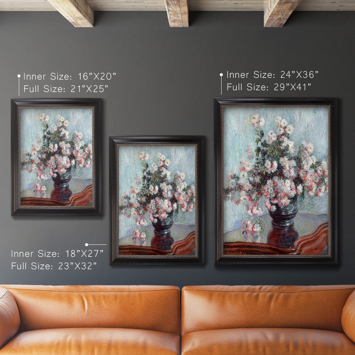 Impressionist chrysanthemum floral painting by Claude Monet in an ornate black frame with gilded inner detail shown in multiple vertical size options.