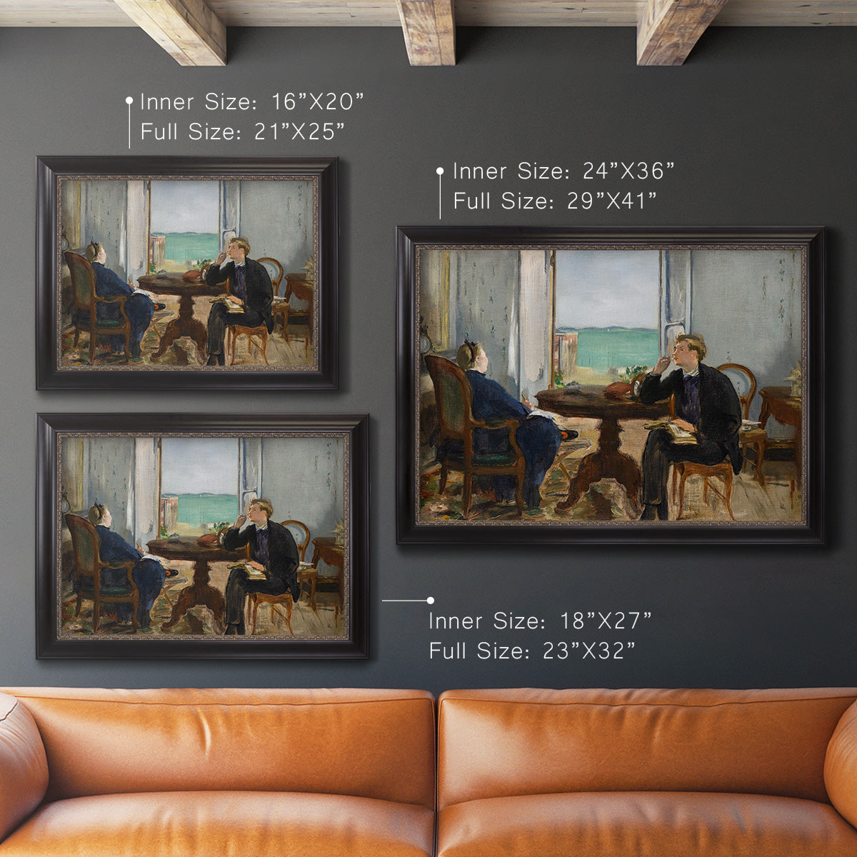 Impressionist interior scene by Édouard Manet in an ornate black frame with gilded inner detail shown in multiple size options.