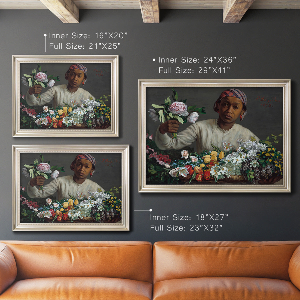 Traditional portrait of a woman holding peonies by Frédéric Bazille in an ornate champagne frame shown in multiple size options.