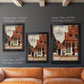 Realist city street scene by Johannes Vermeer in an ornate black frame with gilded inner detail shown in multiple vertical size options.