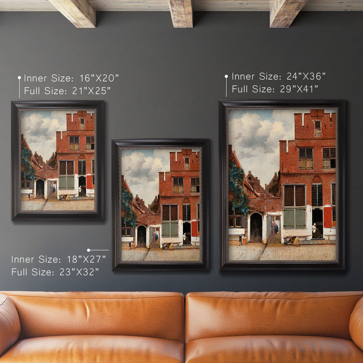 Realist city street scene by Johannes Vermeer in an ornate black frame with gilded inner detail shown in multiple vertical size options.