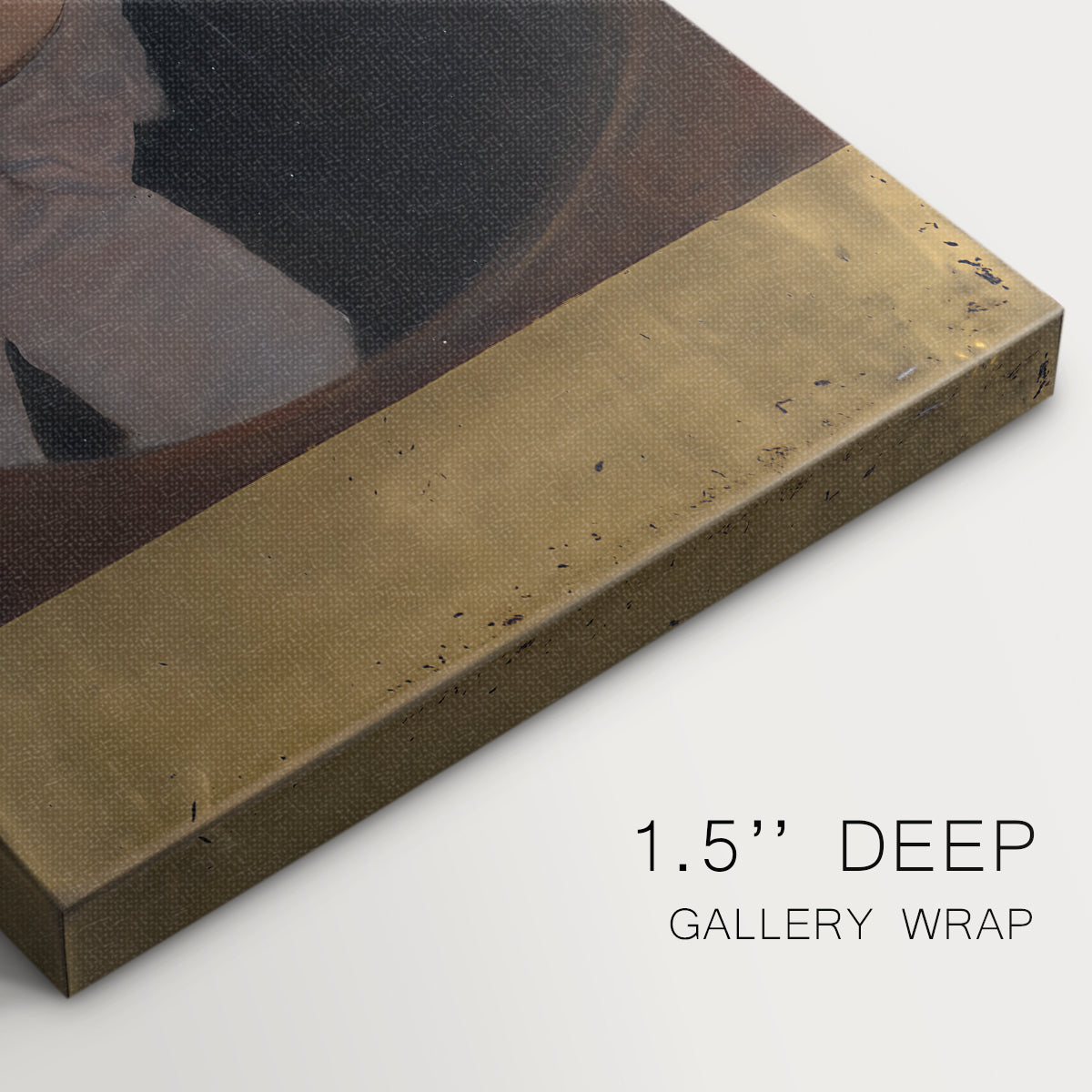 Close-up of a gallery-wrapped canvas corner showing a calm composition with a woman in soft attire, highlighting texture and print detail.