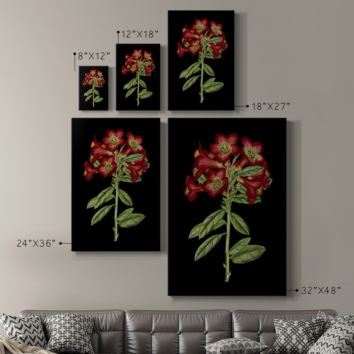 Crimson Flowers on Black (A) IV - Canvas Art Print