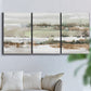 Three-panel canvas wall art featuring layered turquoise and earth tones abstract, displayed in a living room above a sofa.