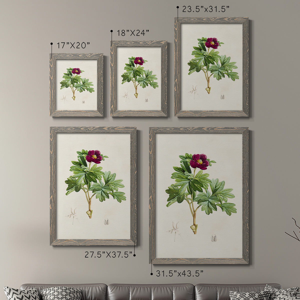 Size comparison chart for a set of two gray barnwood framed canvas prints.