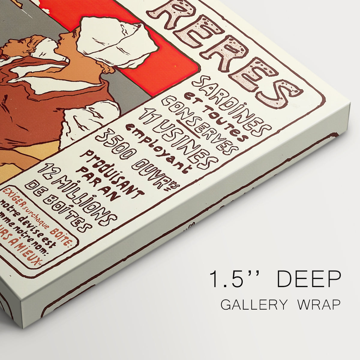 Canvas art print of a vintage Art Nouveau advertisement poster with illustrated figures and decorative typography, highlighting texture and gallery-wrapped edges
