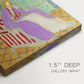 Close-up of a gallery-wrapped canvas corner showing a vivid composition with figure and layered patterns, highlighting texture and print detail.