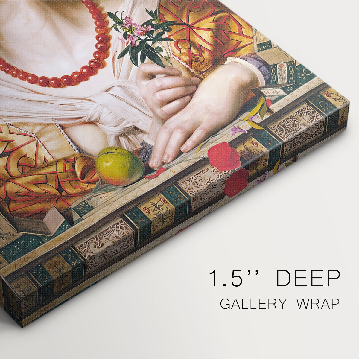 Close-up of a gallery-wrapped canvas corner showing a stylized figure with elegant features and vivid color, highlighting texture and print detail.