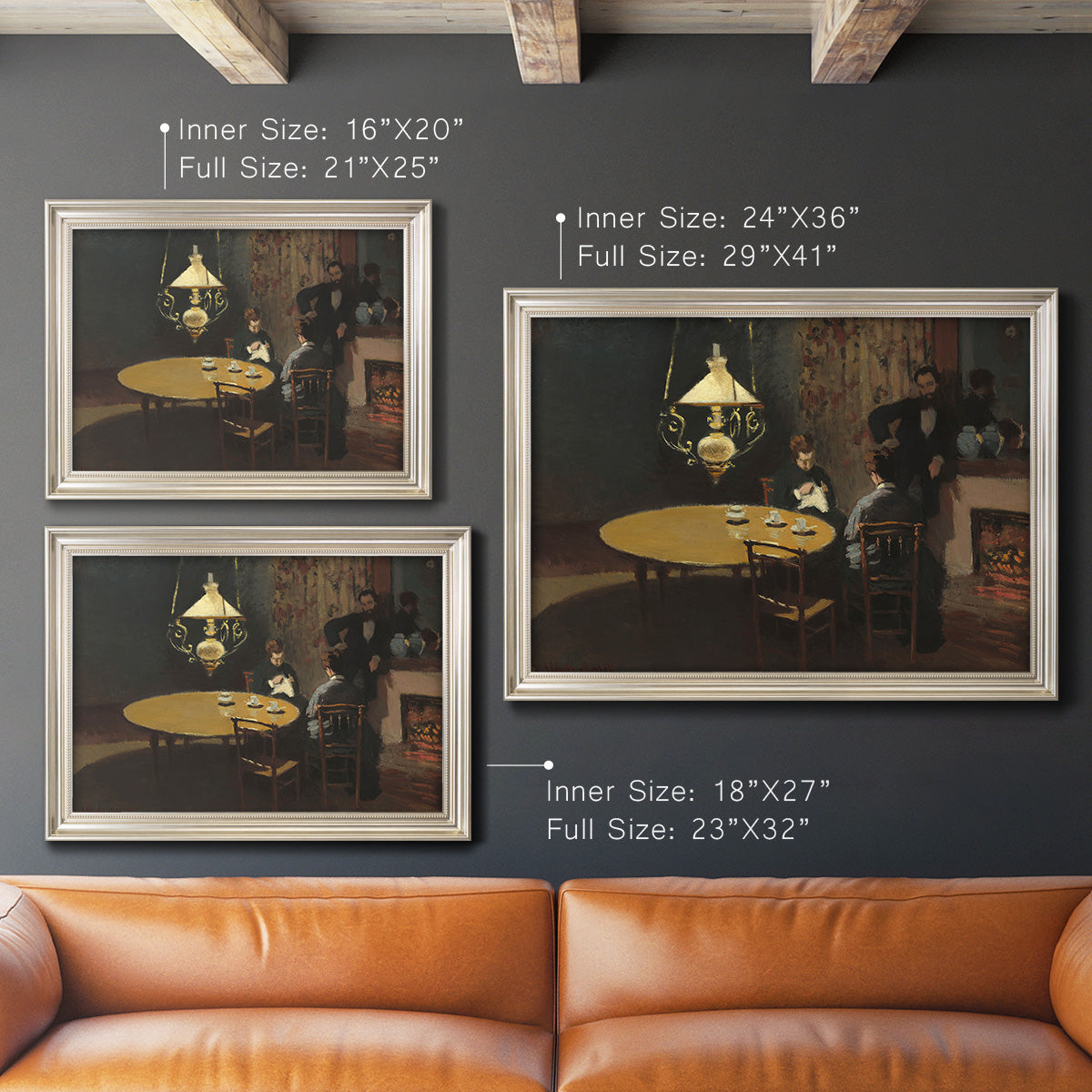 Impressionist domestic interior scene by Claude Monet in an ornate champagne frame shown in multiple size options.