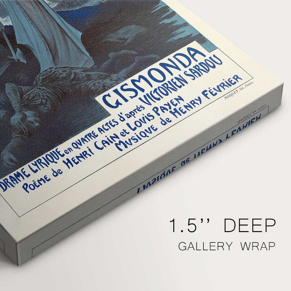 Close-up of a gallery-wrapped canvas corner showing a graceful portrait with ornamental elements, highlighting texture and print detail.