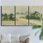Three-panel canvas wall art featuring pasture landscape in soft watercolor, displayed in a living room above a sofa.