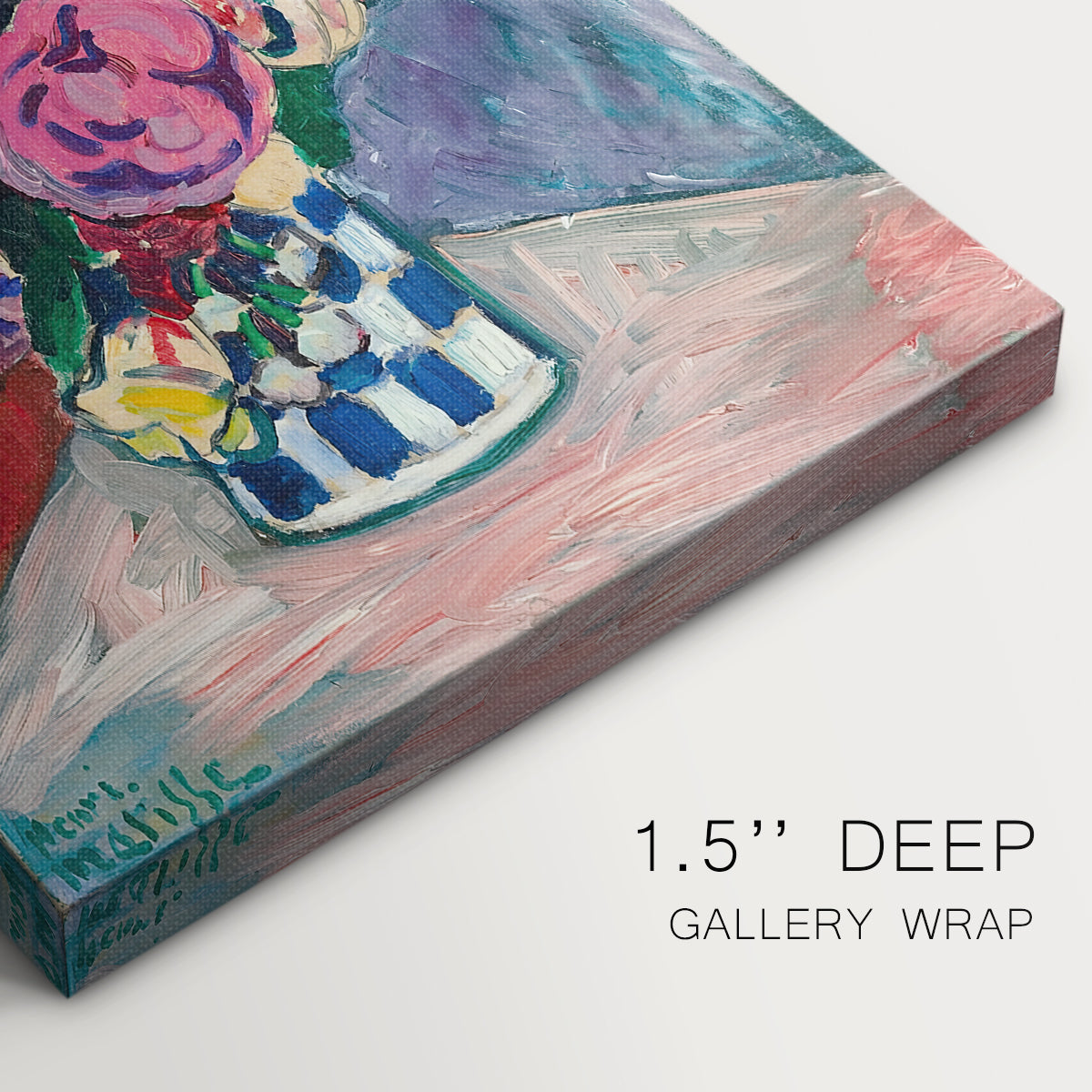 Close-up of a gallery-wrapped canvas corner showing a vivid composition with flowers and painterly detail, highlighting texture and print detail.