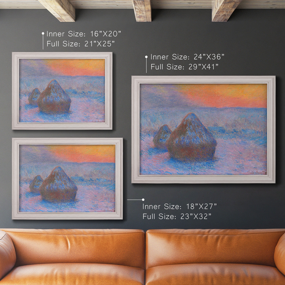 Impressionist haystack scene at sunset by Claude Monet in an ornate weathered white frame shown in multiple size options.
