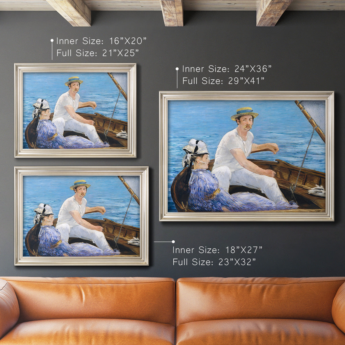 Impressionist leisure boating scene by Édouard Manet in an ornate champagne frame shown in multiple size options.