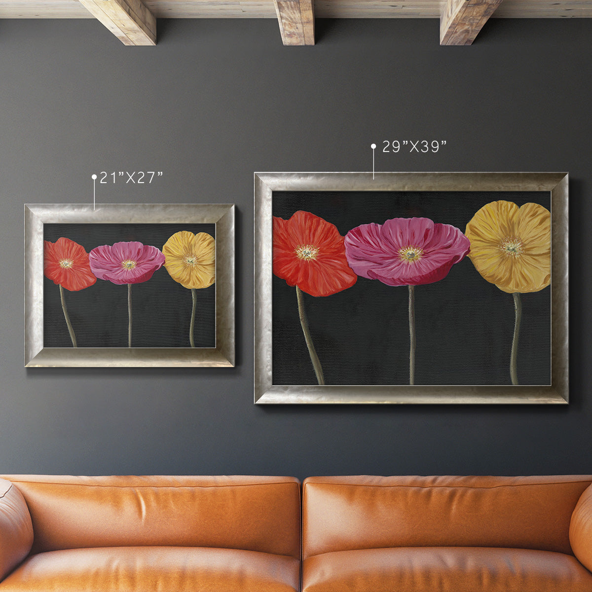 Contemporary poppy flower artwork in an ornate mottled silver frame shown in multiple size options.