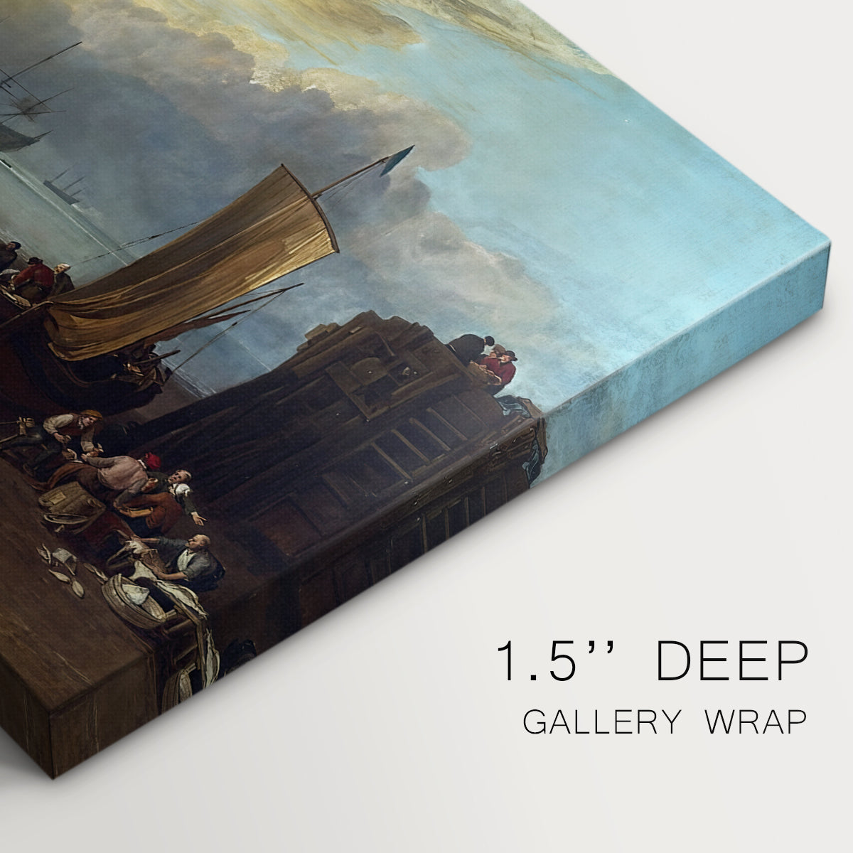 Canvas art print of a sunrise over harbor with fishermen working among boats, highlighting texture and gallery-wrapped edges