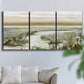Three-panel canvas wall art featuring pastoral fields under soft sunrise, displayed in a living room above a sofa.