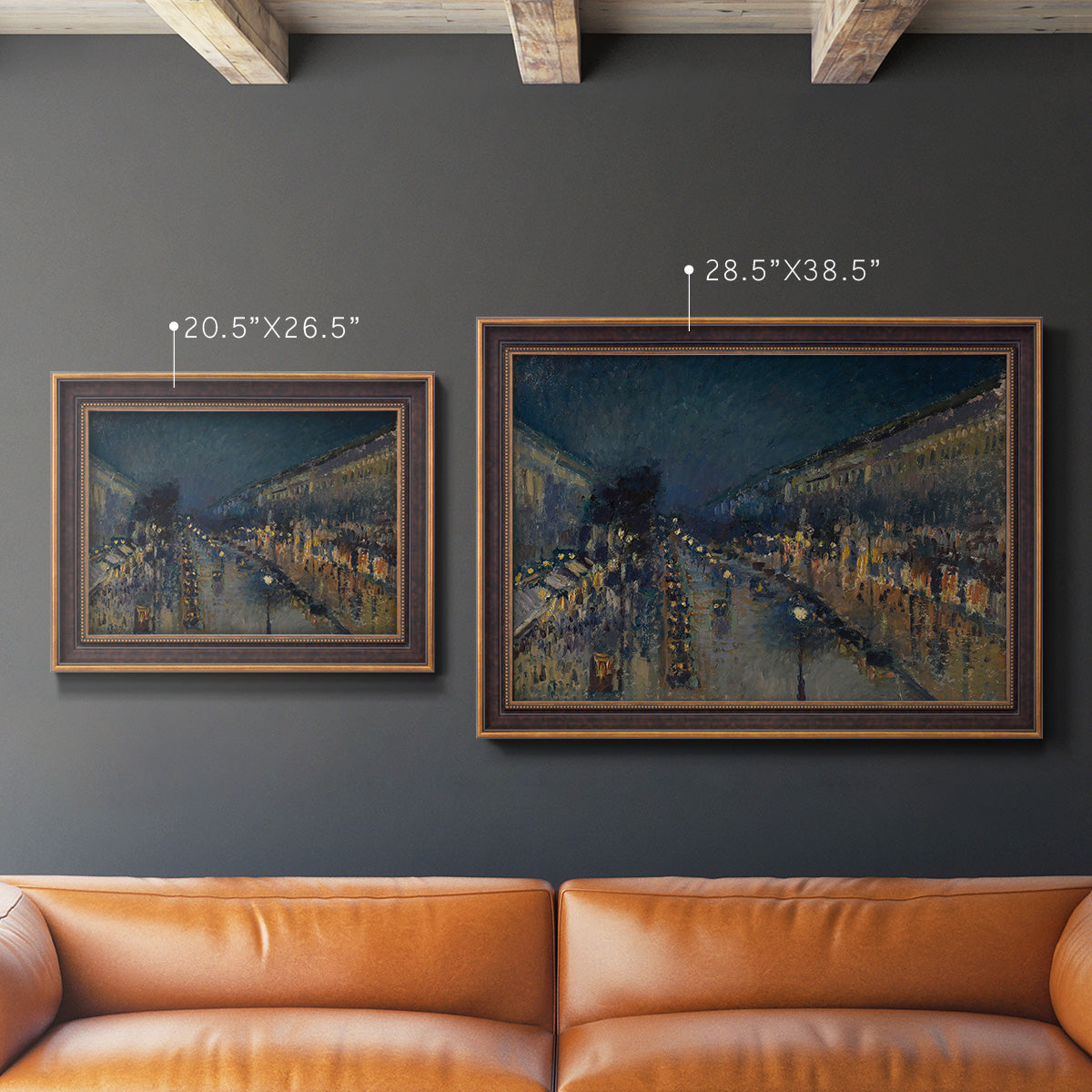 Impressionist nighttime Paris street scene by Camille Pissarro in an ornate bronzed mahogany wood frame shown in multiple size options.