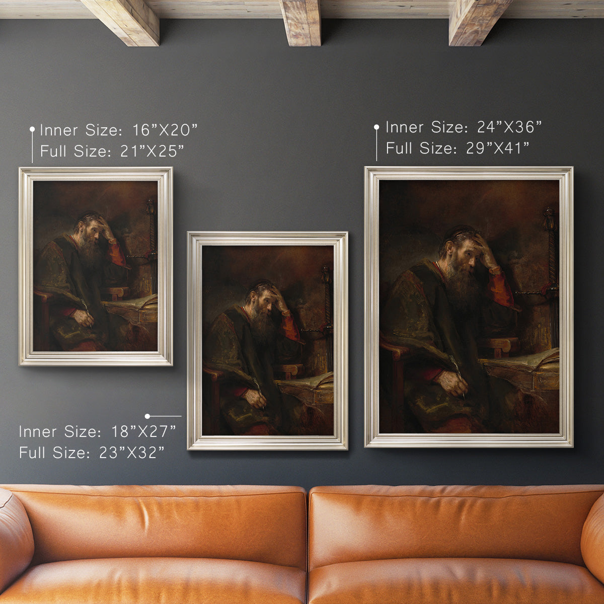 Classical religious portrait of Paul the Apostle by Rembrandt van Rijn in an ornate champagne frame shown in multiple vertical size options.