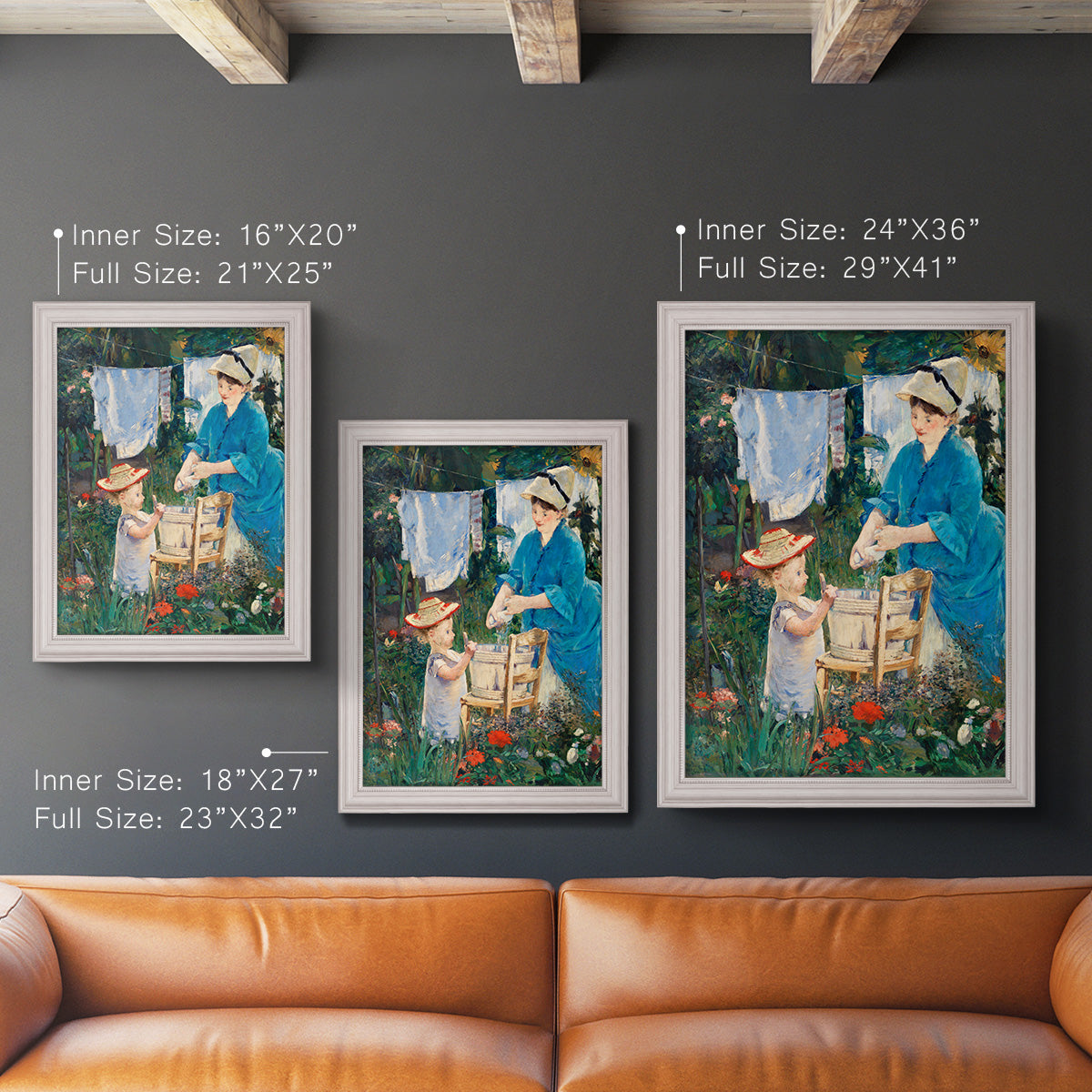Intimate domestic genre scene by Édouard Manet in an ornate weathered white frame shown in multiple vertical size options.