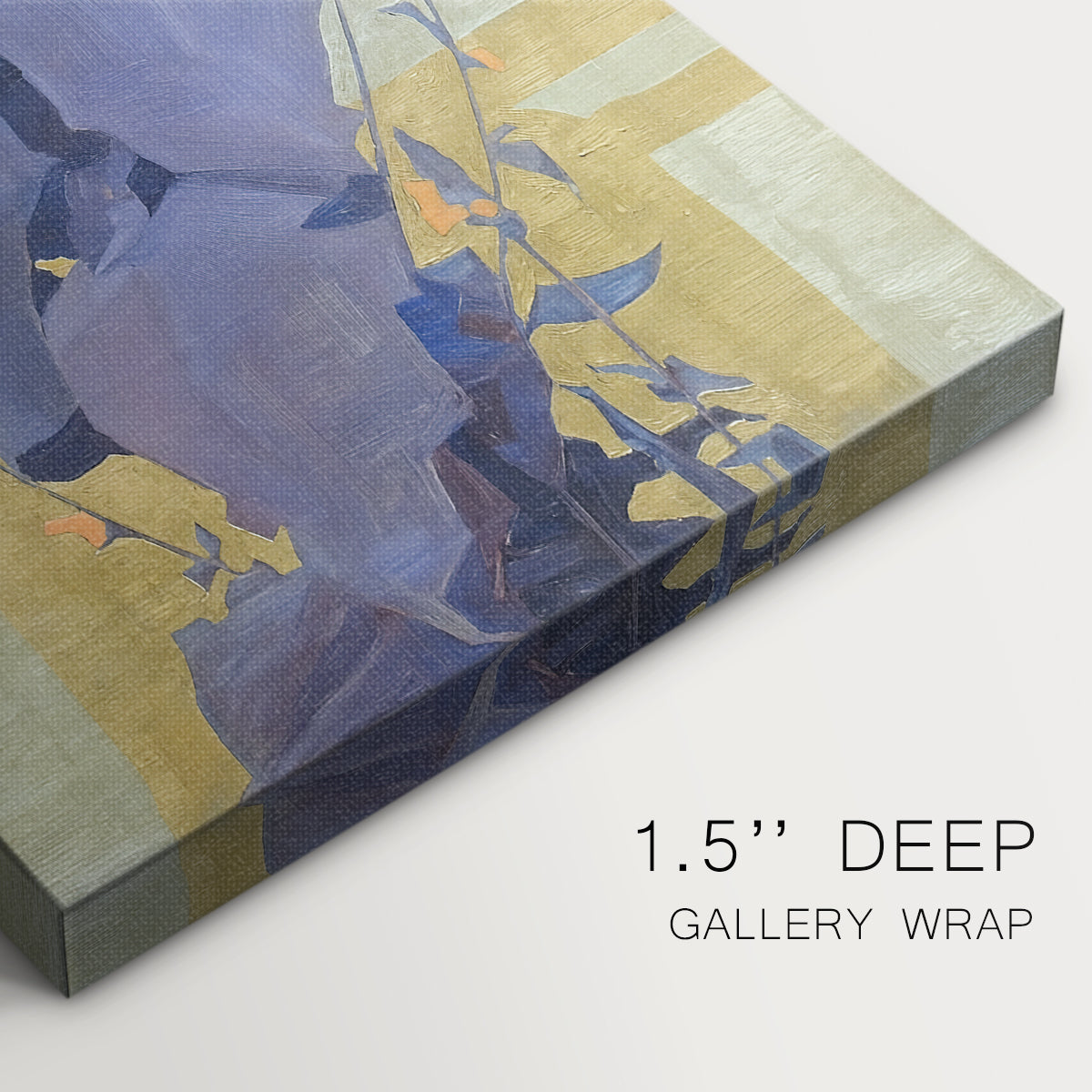 Close-up of a gallery-wrapped canvas corner showing a vivid floral design with geometric structure and contrast, highlighting texture and print detail.