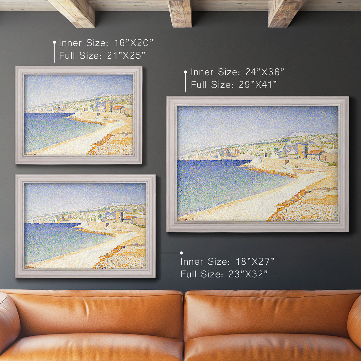 Impressionist Mediterranean jetty seascape by Paul Signac in an ornate weathered white frame shown in multiple size options.