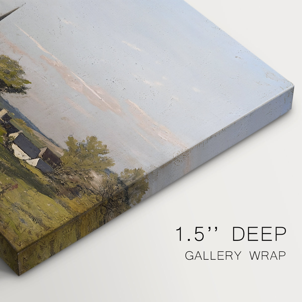Canvas art print of a rural village with church surrounded by trees and open land, highlighting texture and gallery-wrapped edges