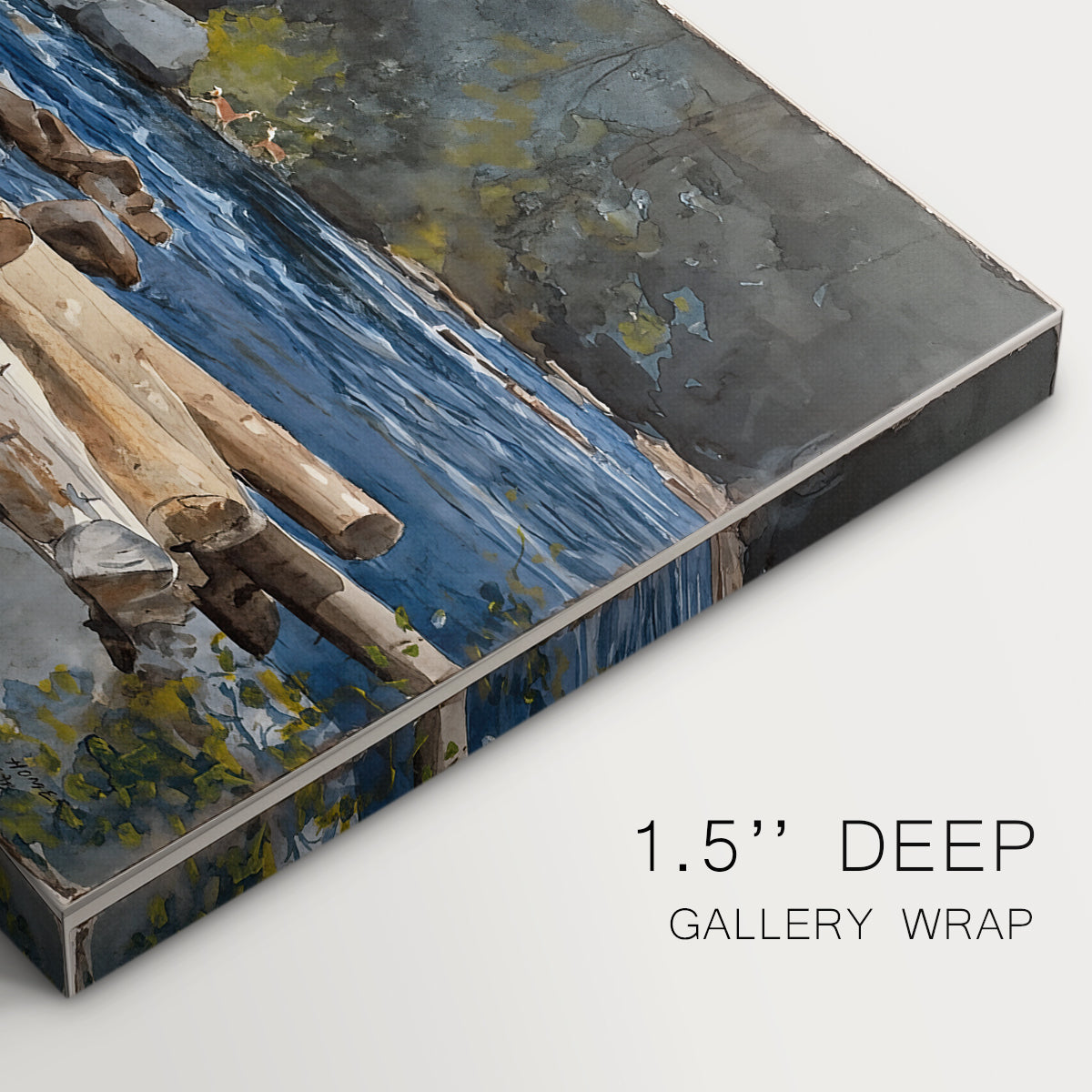 Canvas art print of a river landscape with boats and tree-lined banks under soft sky, highlighting texture and gallery-wrapped edges