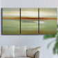 Three-panel canvas wall art featuring green focused abstract color vision, displayed in a living room above a sofa.