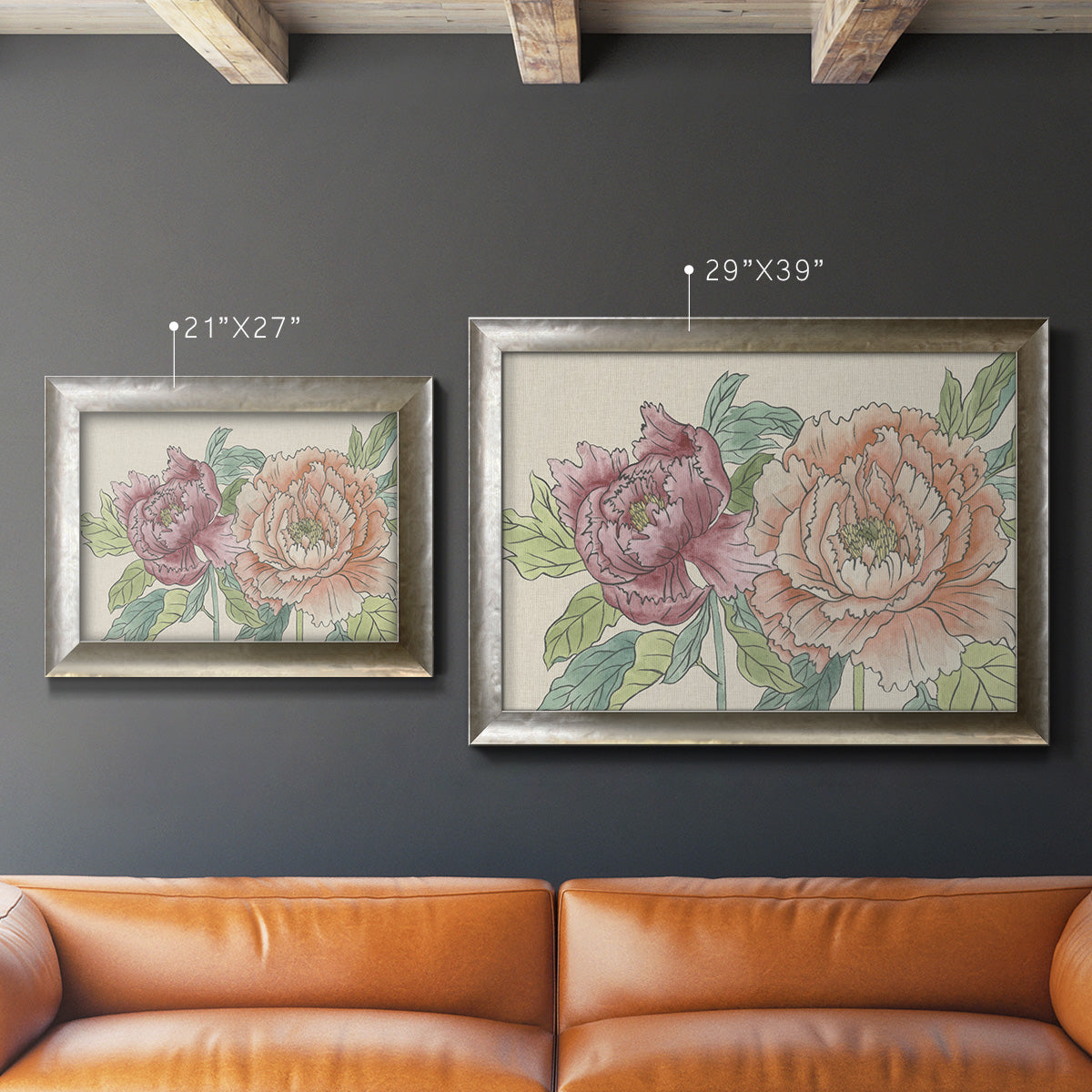 Modern peony floral drawing in an ornate mottled silver frame shown in multiple size options.