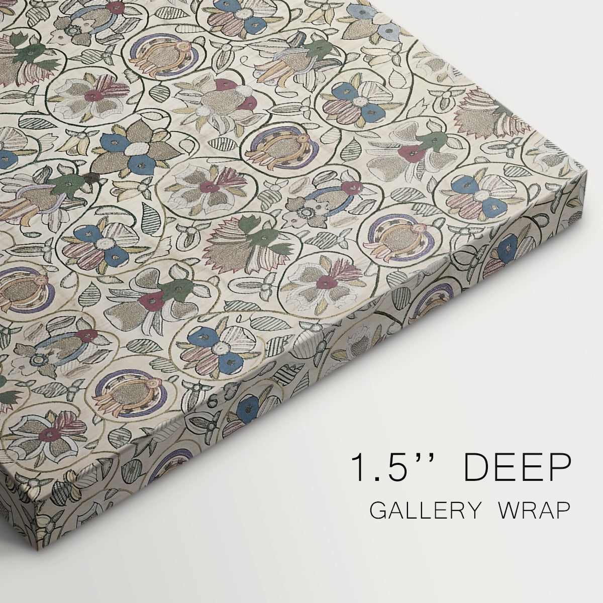 Canvas art print of a repeating floral pattern with symmetrical layout across elongated textile surface, highlighting texture and gallery-wrapped edges