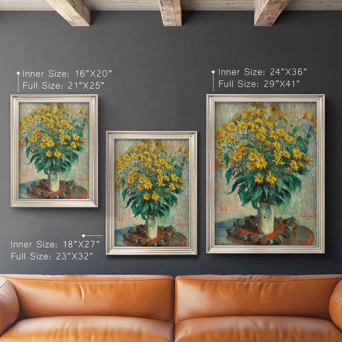Impressionist floral painting of artichoke flowers by Claude Monet in an ornate champagne frame shown in multiple vertical size options.