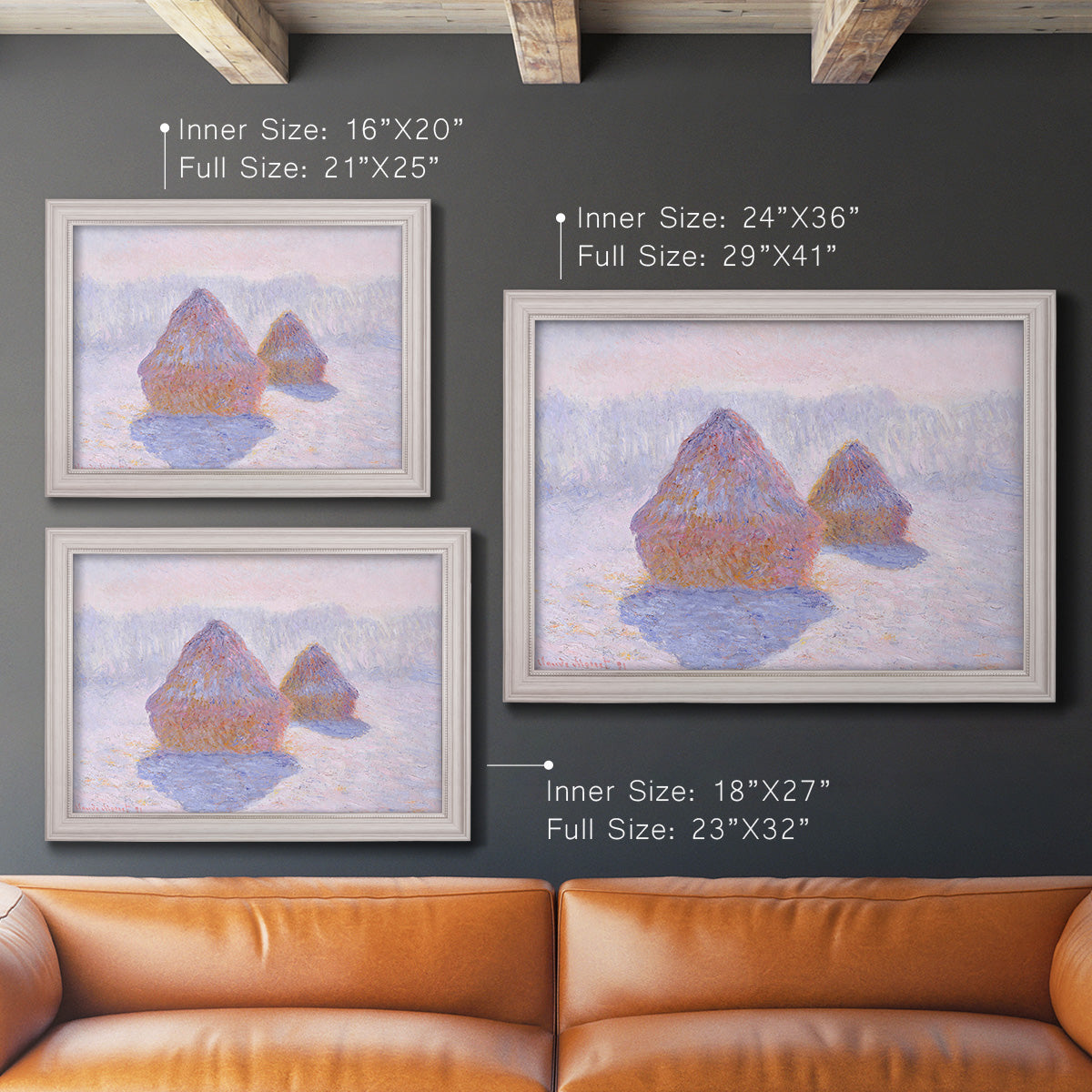 Impressionist winter haystack scene with sunlight by Claude Monet in an ornate weathered white frame shown in multiple size options.